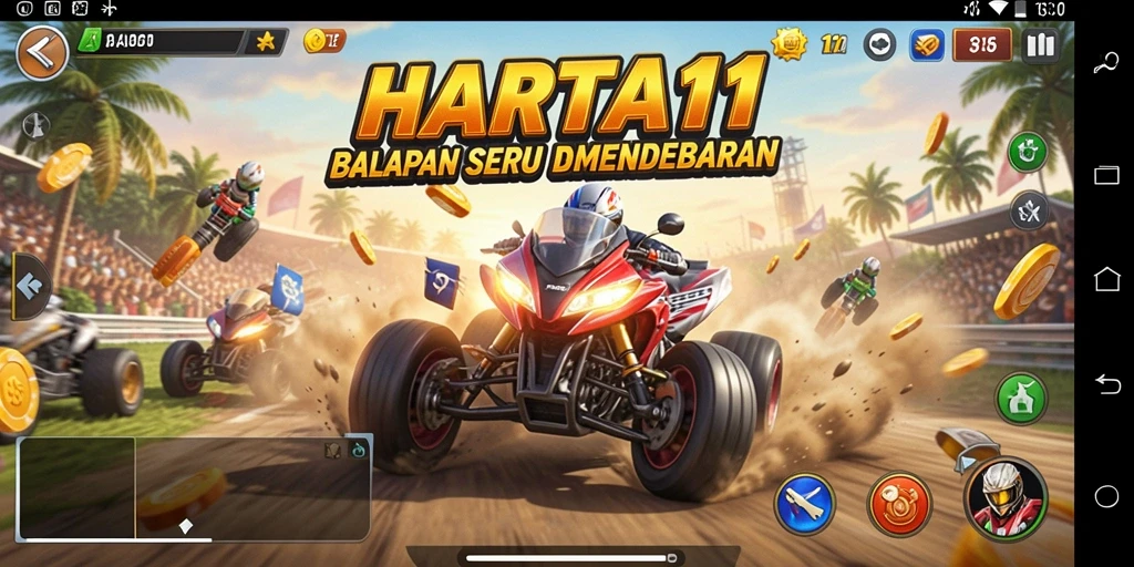 Screenshot HARTA11 menunjukkan aksi balapan yang seru dan mendebarkan.