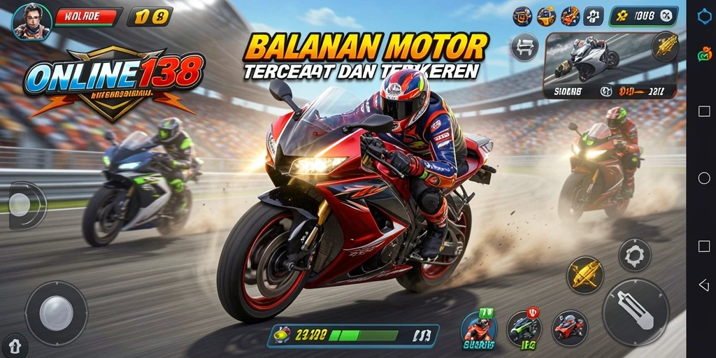 Screenshot utama ONLINE138 menampilkan aksi balapan motor yang mendebarkan.